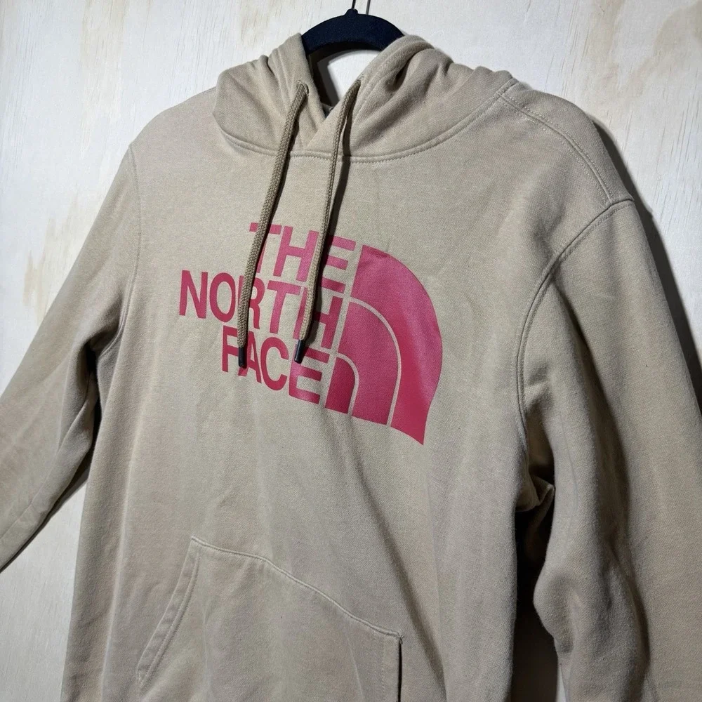 The‎ North Face Hoodie Mens Medium Tan Pink Logo Pullover Sweatshirt Casual